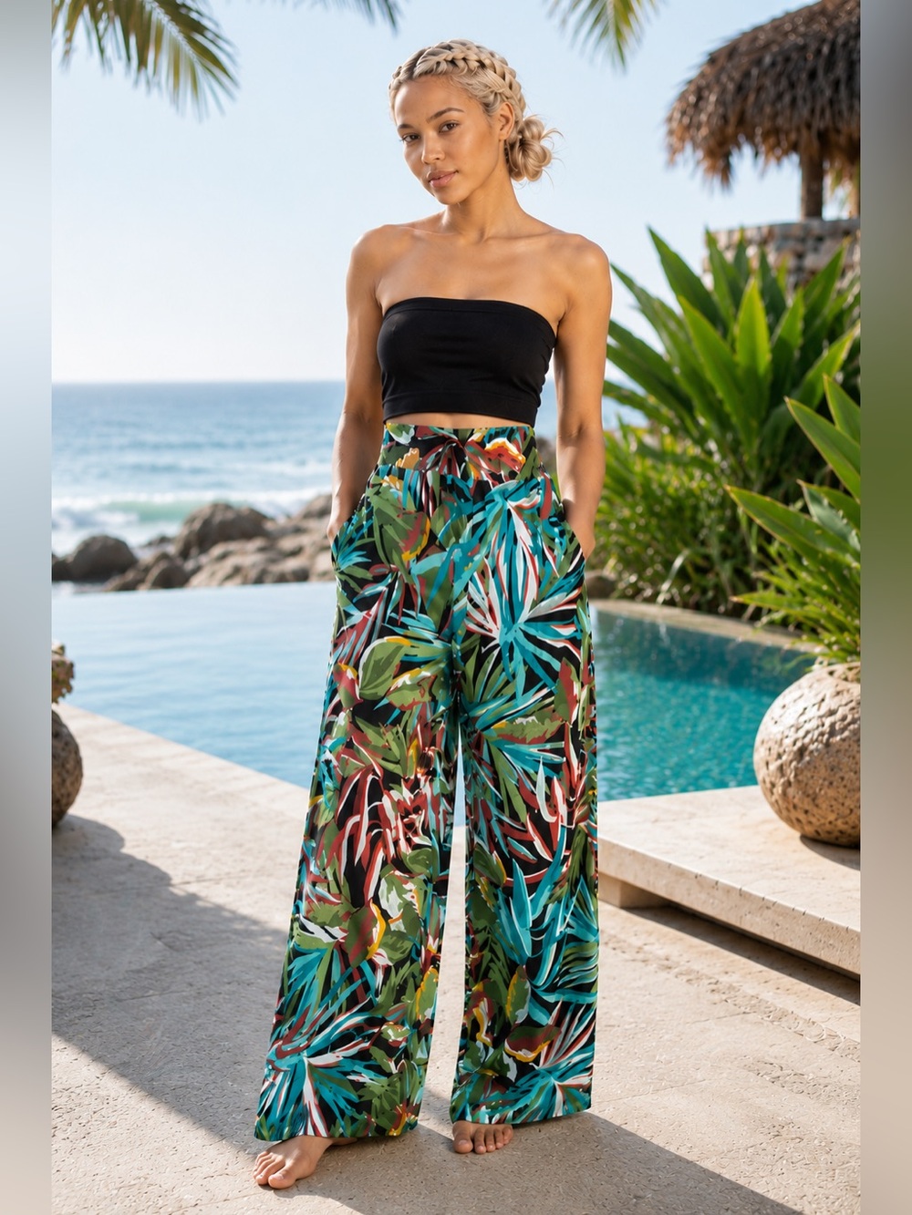 Vince Camuto Swim Tropical Palm Print Wide Leg Cover Up Pants M NWOT Pockets